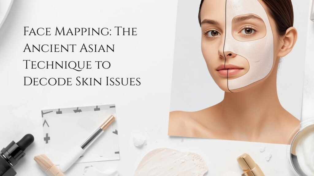 Facial map diagram showing traditional Chinese and Ayurvedic zones linking skin areas to internal organs for holistic skincare analysis.