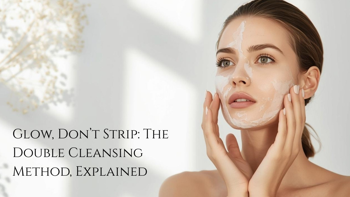 Two-step double cleansing routine showing oil cleanser dissolving makeup followed by gentle water-based foam for clean, radiant skin.