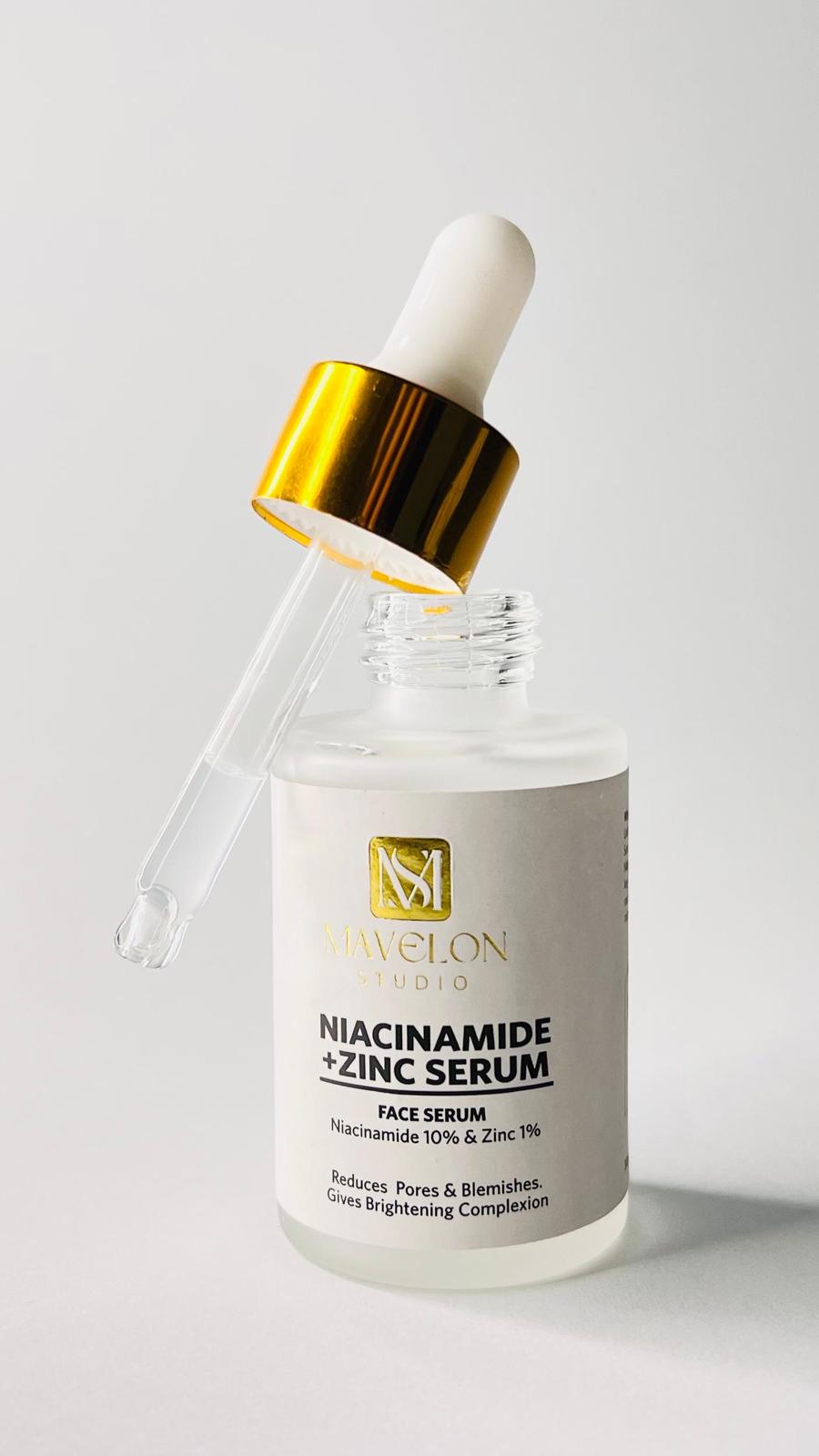 Close-up of Mavelon Niacinamide and Zinc Serum dropper – professional-grade formula targeting oily and blemish-prone skin