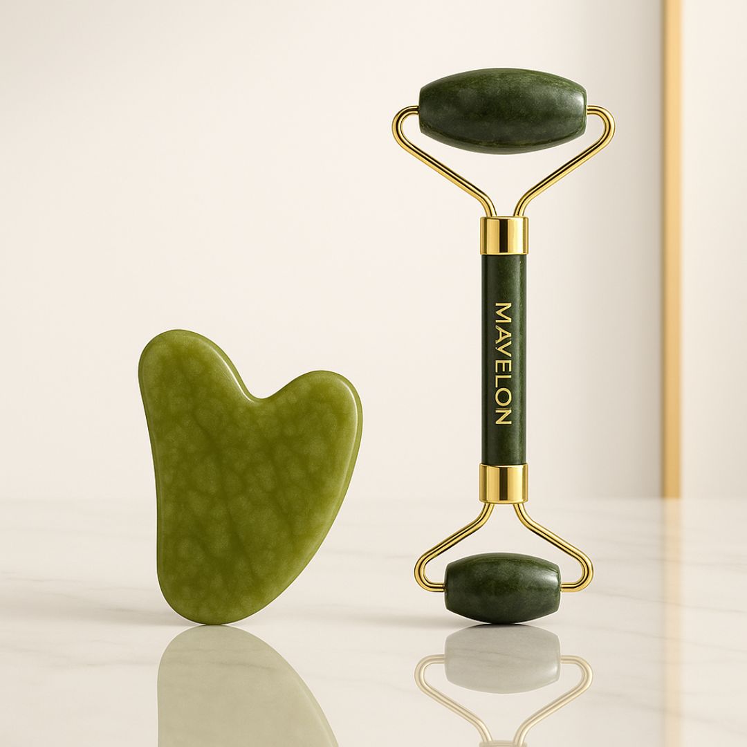 Mavelon Jade Roller and Gua Sha Set – Green facial massage tools for skincare glow